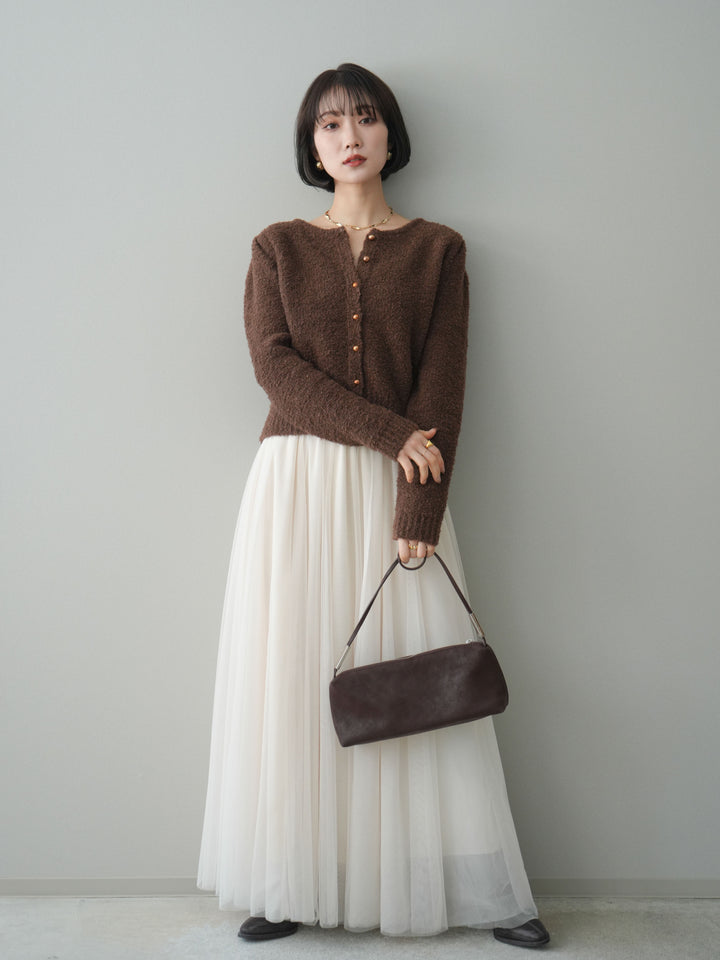 [SET]ゴールドボタンブークレニットカーディガン+チュールボリュームスカート(2set)