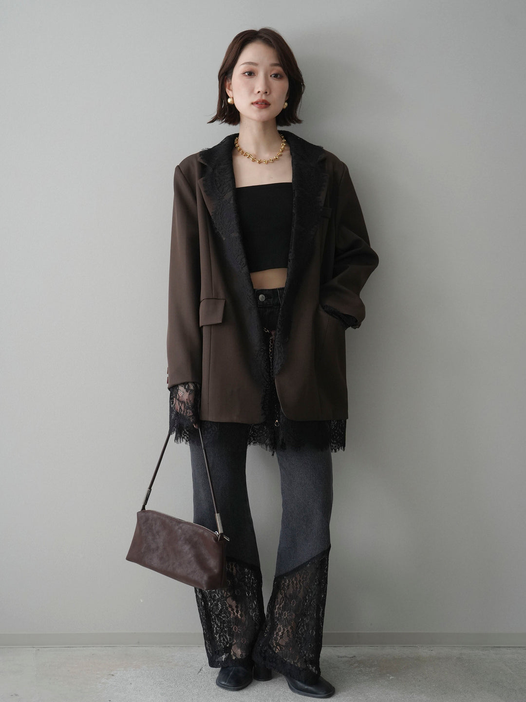 [予約]レース切替フレアデニムパンツ/black