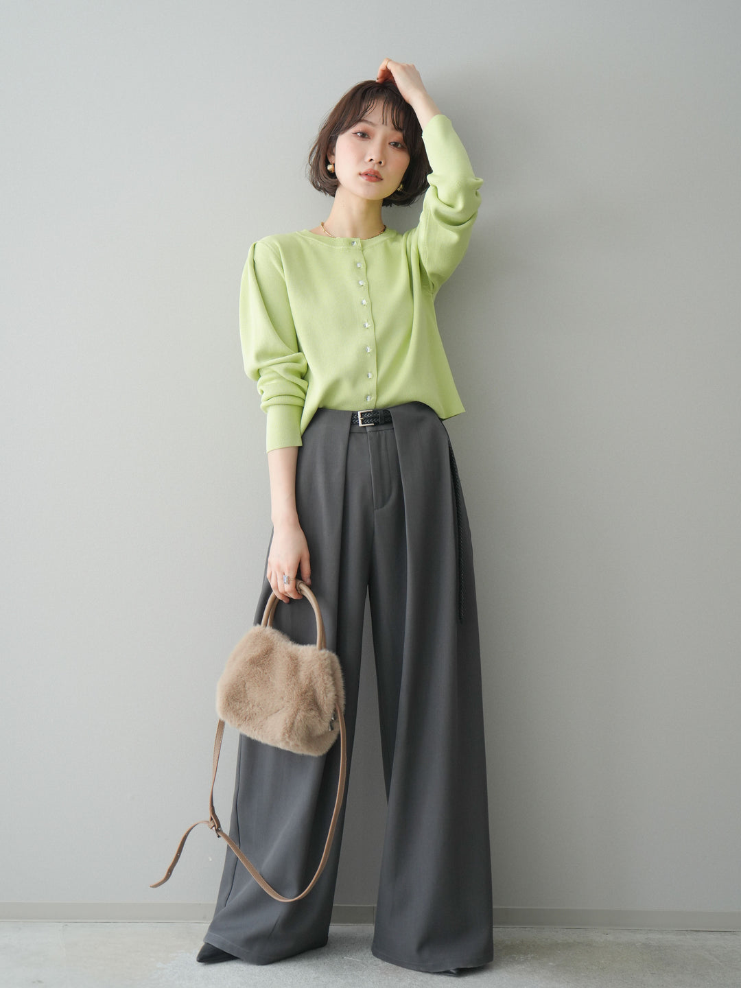 [SET]クリアボタンタックニットカーディガン+ベルトループデザインワイドパンツ(2set)