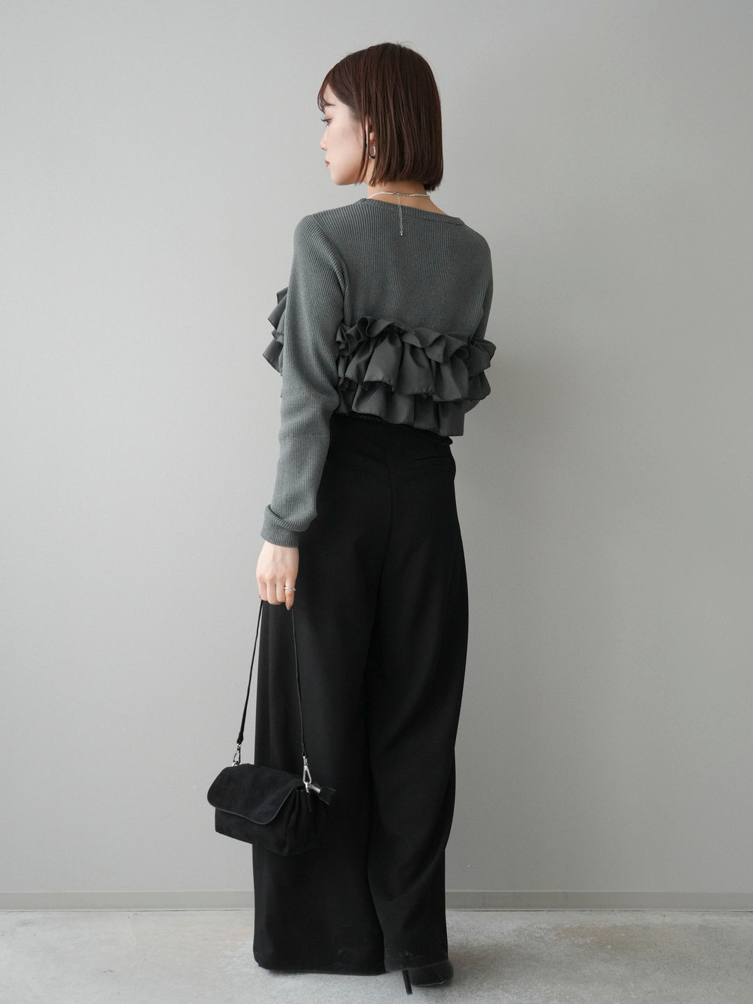 [SET]フリルビスチェドッキングスポンジニットプルオーバー+ベルトループデザインワイドパンツ(2set)