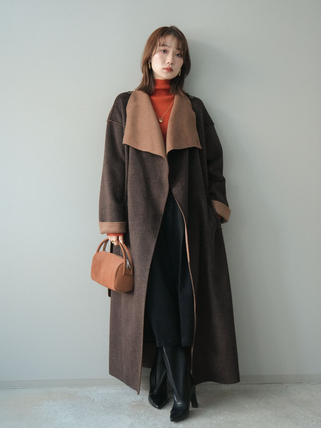 [予約]ダブルフェイスバイカラーロングコート/brown
