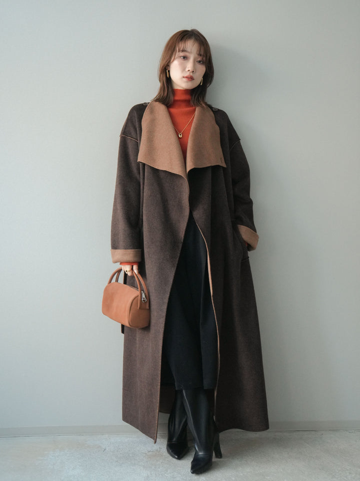 [予約]ダブルフェイスバイカラーロングコート/brown