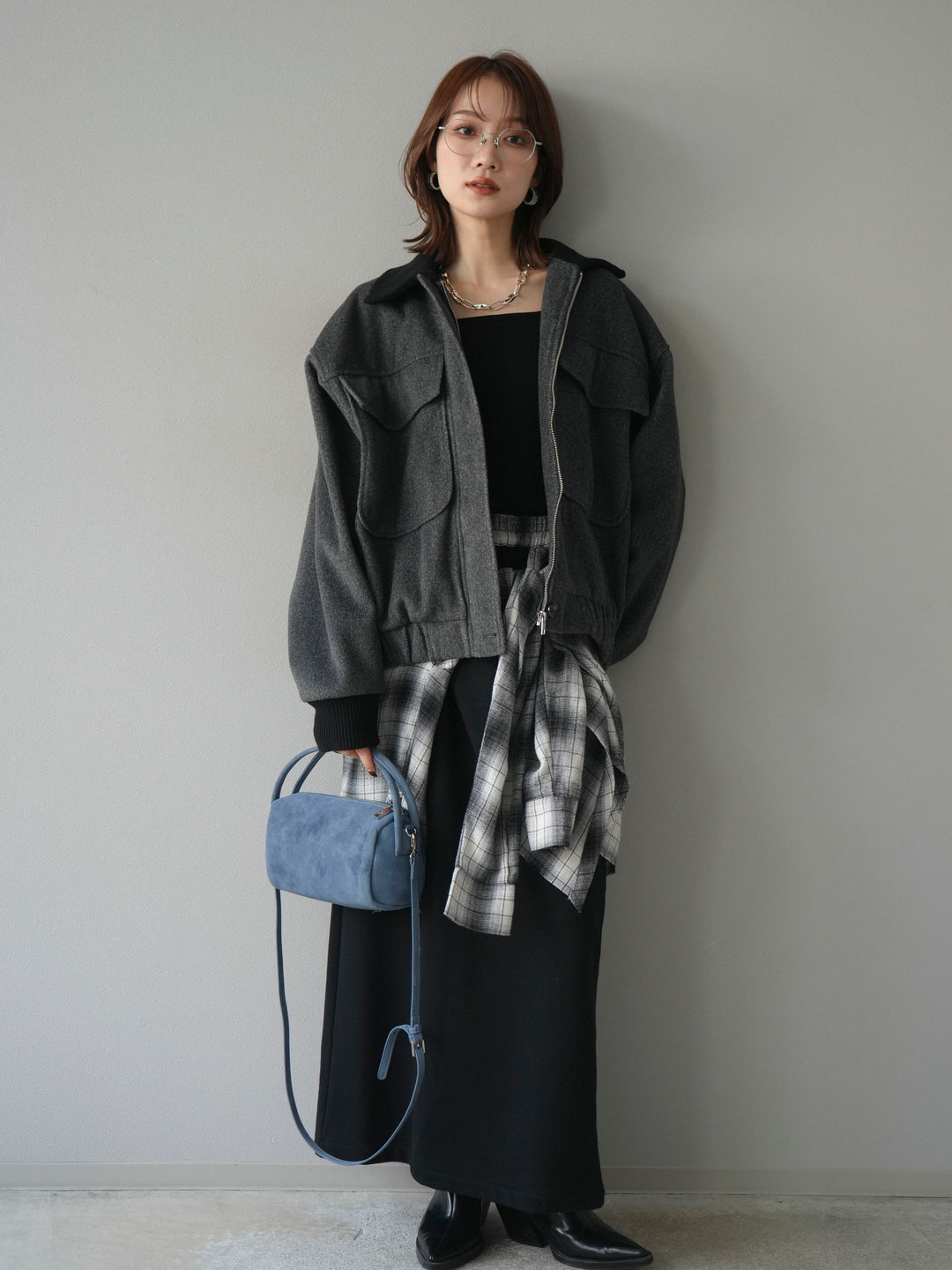 [予約]ウールタッチ襟リブステンカラーショートコート/charcoal