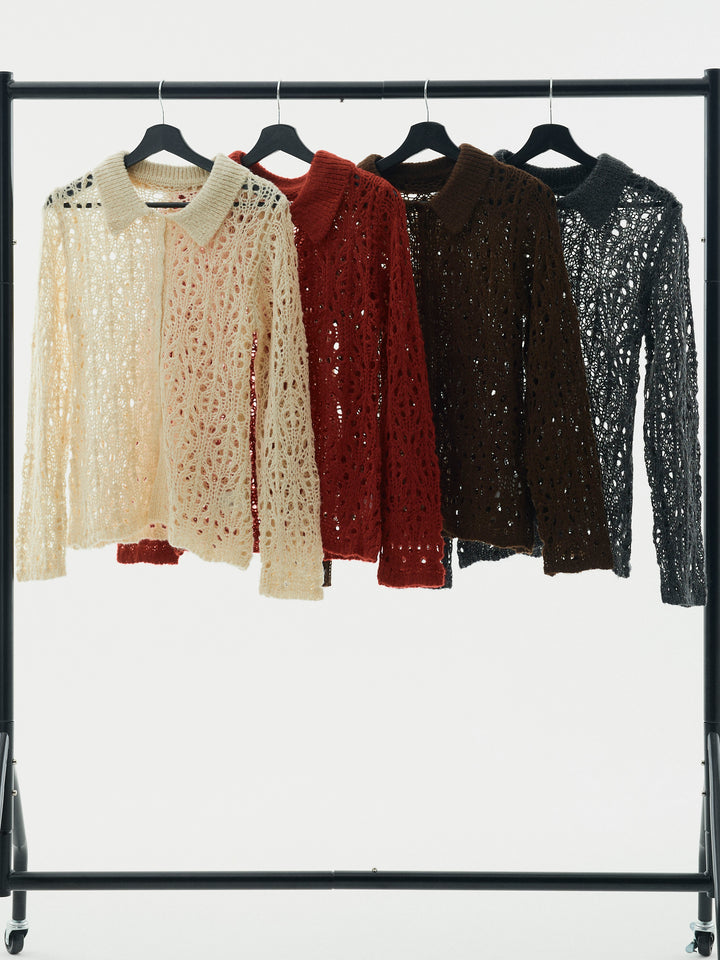 【Allure】[SET]ローゲージ透かし編みポロニッカーディガン+タフタワイドカーブパンツ(2set)