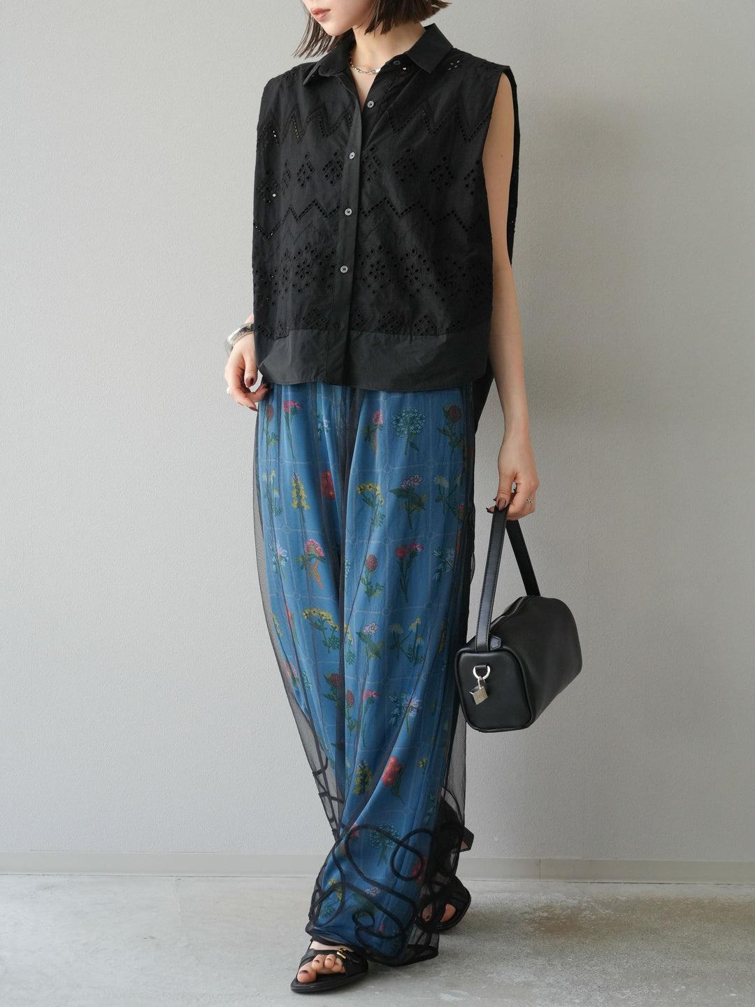 [予約]パッチワークフラワープリントイージーパンツ/ブルー