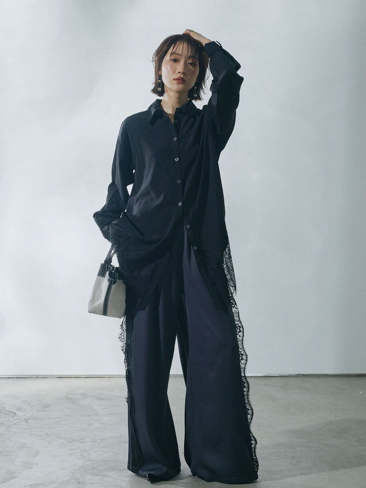 [予約]裾レースポプリンシャツ/black