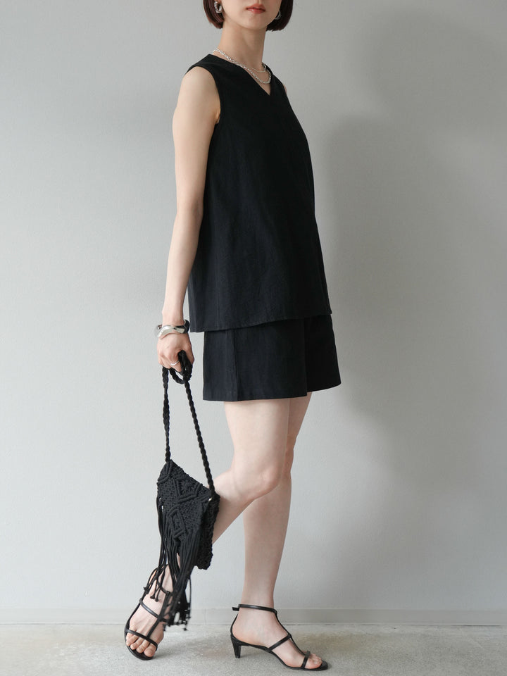 [SET] 仿亞麻V領上衣&amp;短褲套裝 + 仿亞麻V領上衣&amp;短褲套裝 (2set)