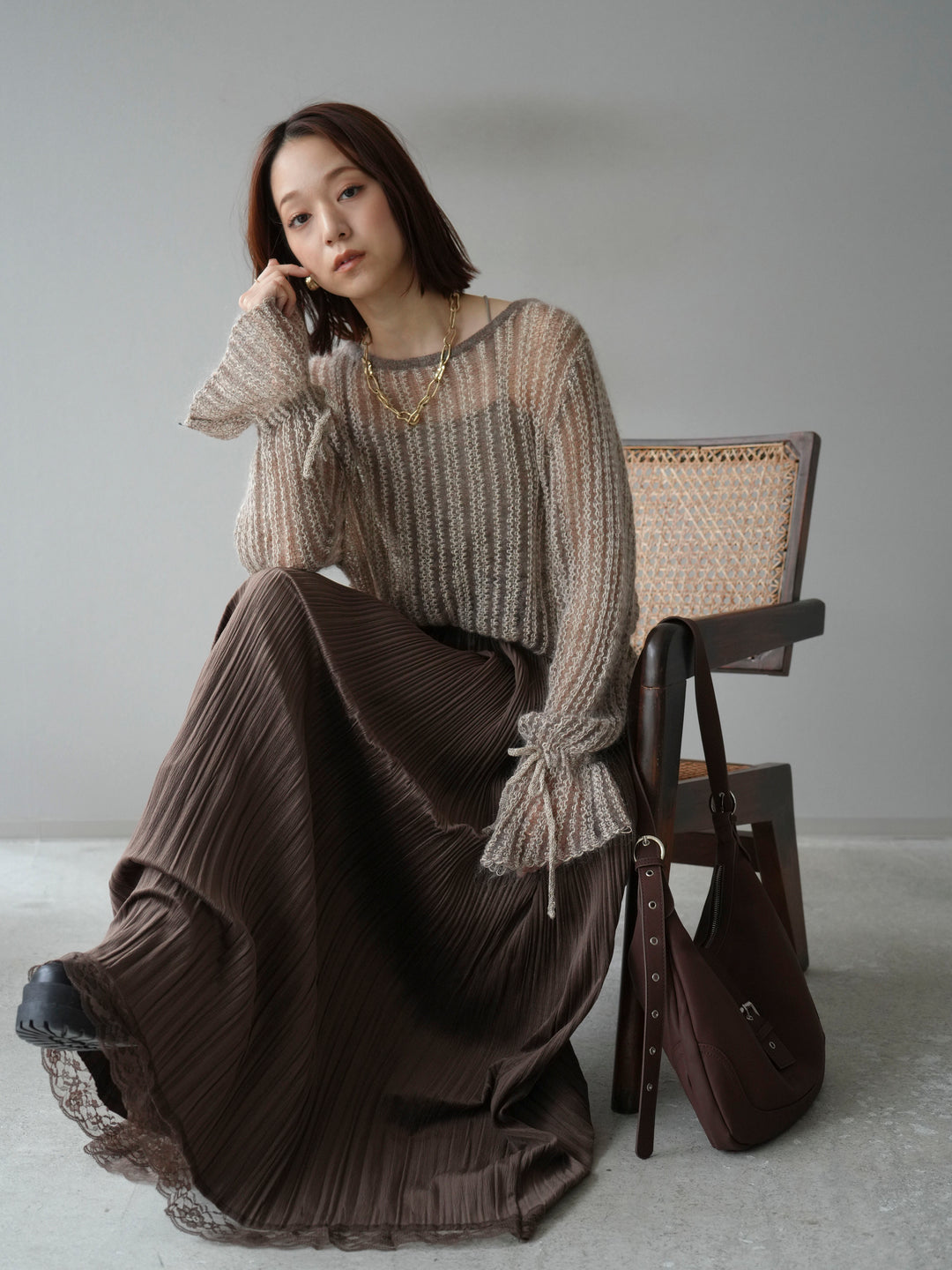 [予約]ストライプメッシュニットプルオーバー/ベージュ