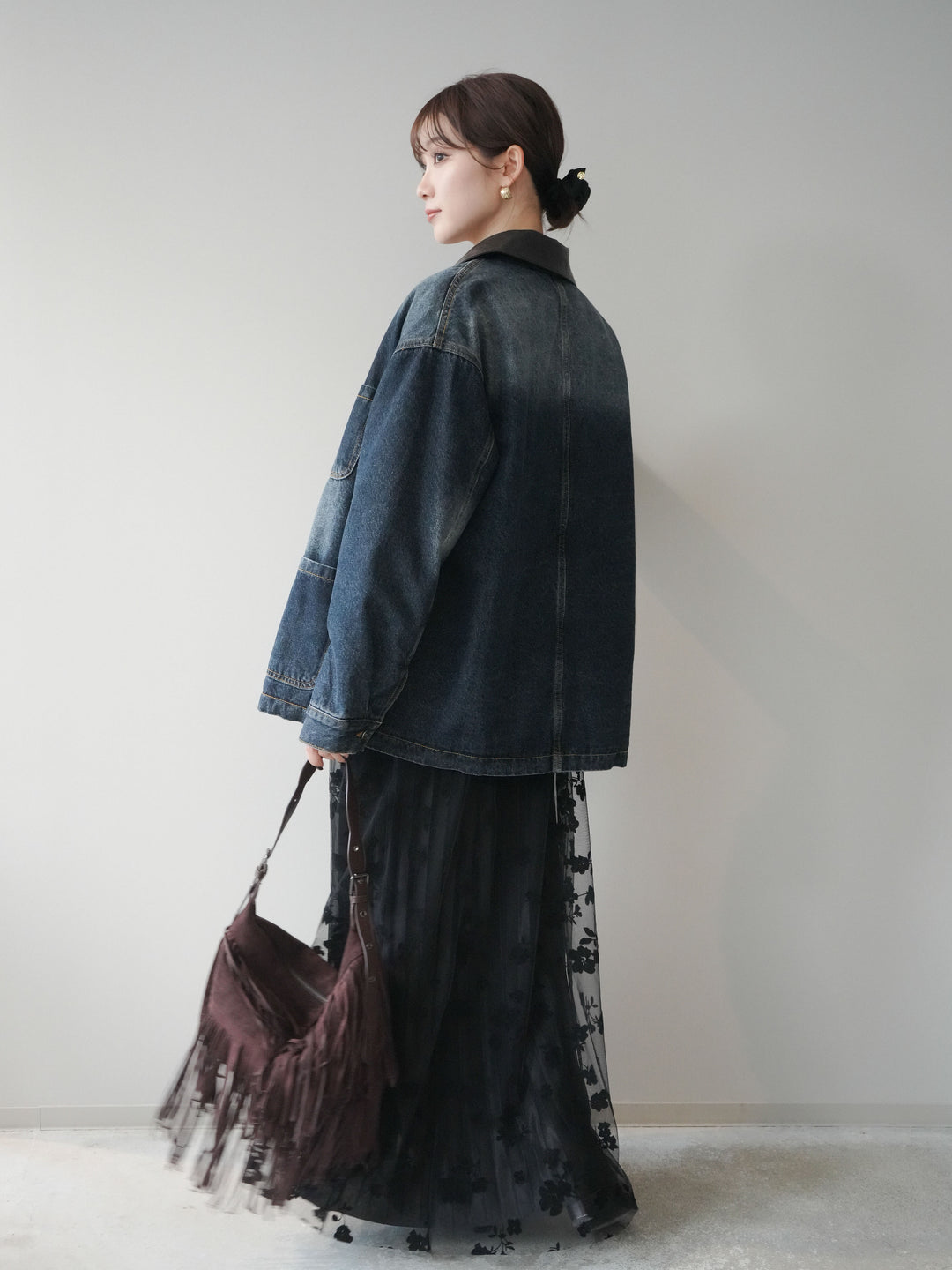 [SET]裏地ファーデニムフライトジャケット+フラワーフロッキーチュールプリーツスカート(2set)