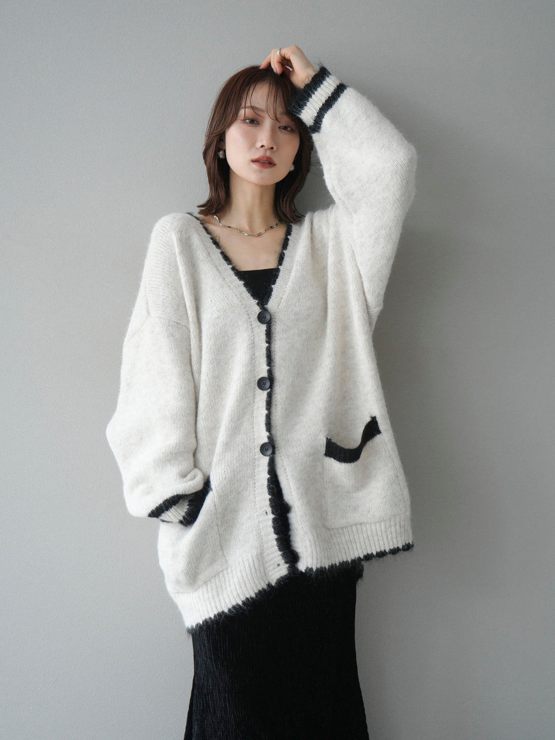 [予約]バイカラーラメニットカーディガン/ivory