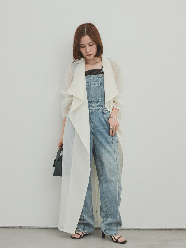 [SET] 中縫牛仔背帶褲 + 透視長版外套（2 件組）