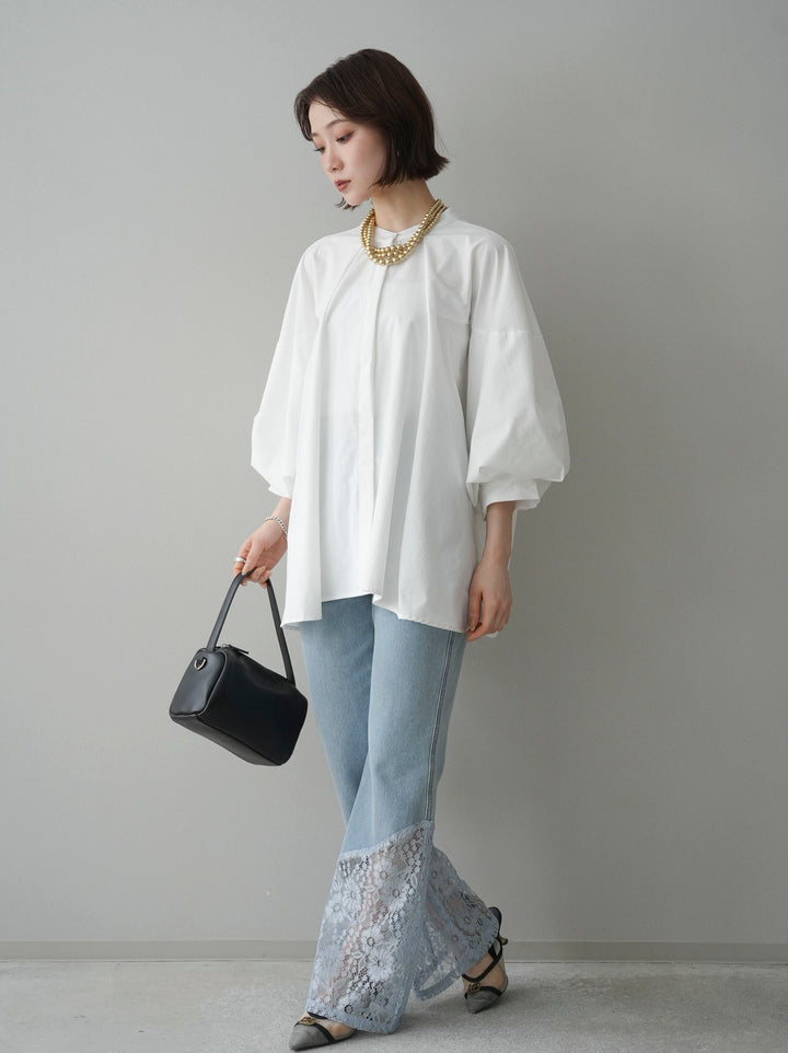 [予約]レース切替フレアデニムパンツ/bleach