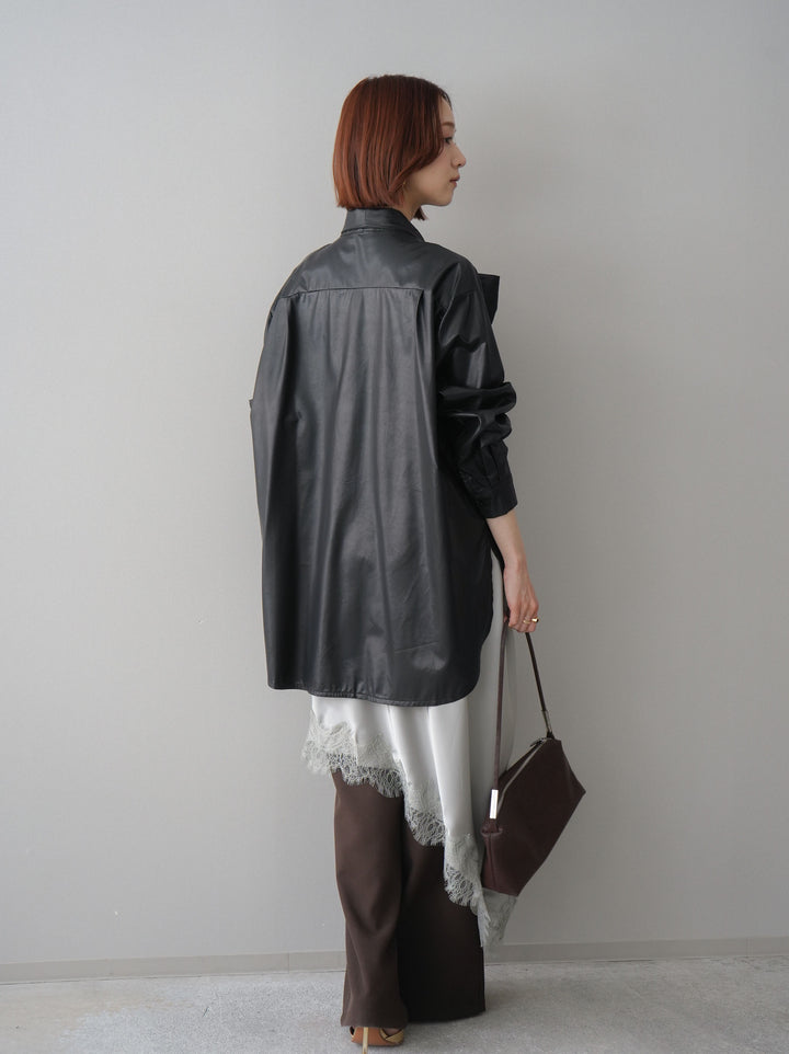 [SET]フェイクレザーボウタイブラウス+センターシームフレアパンツ(2set)