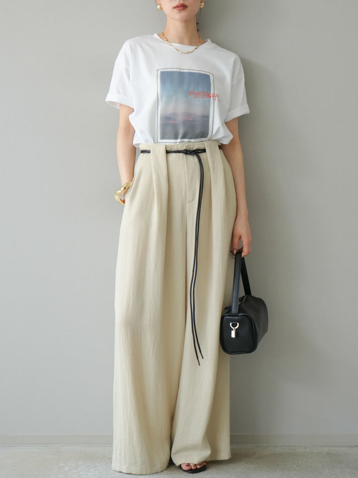 【預購】繩紋設計腰帶亞麻觸感寬褲/米色