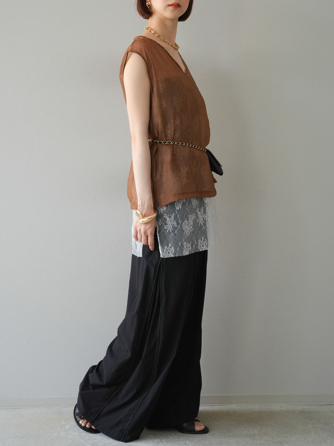 [予約]タックパイピングナイロンワイドパンツ/ブラック