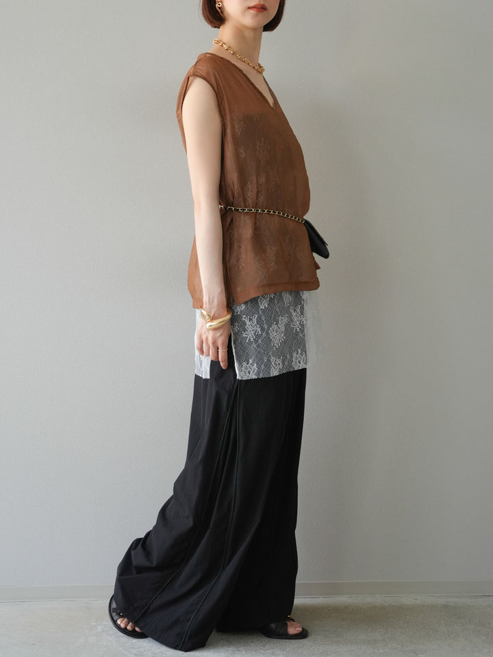 [予約]タックパイピングナイロンワイドパンツ/ブラック