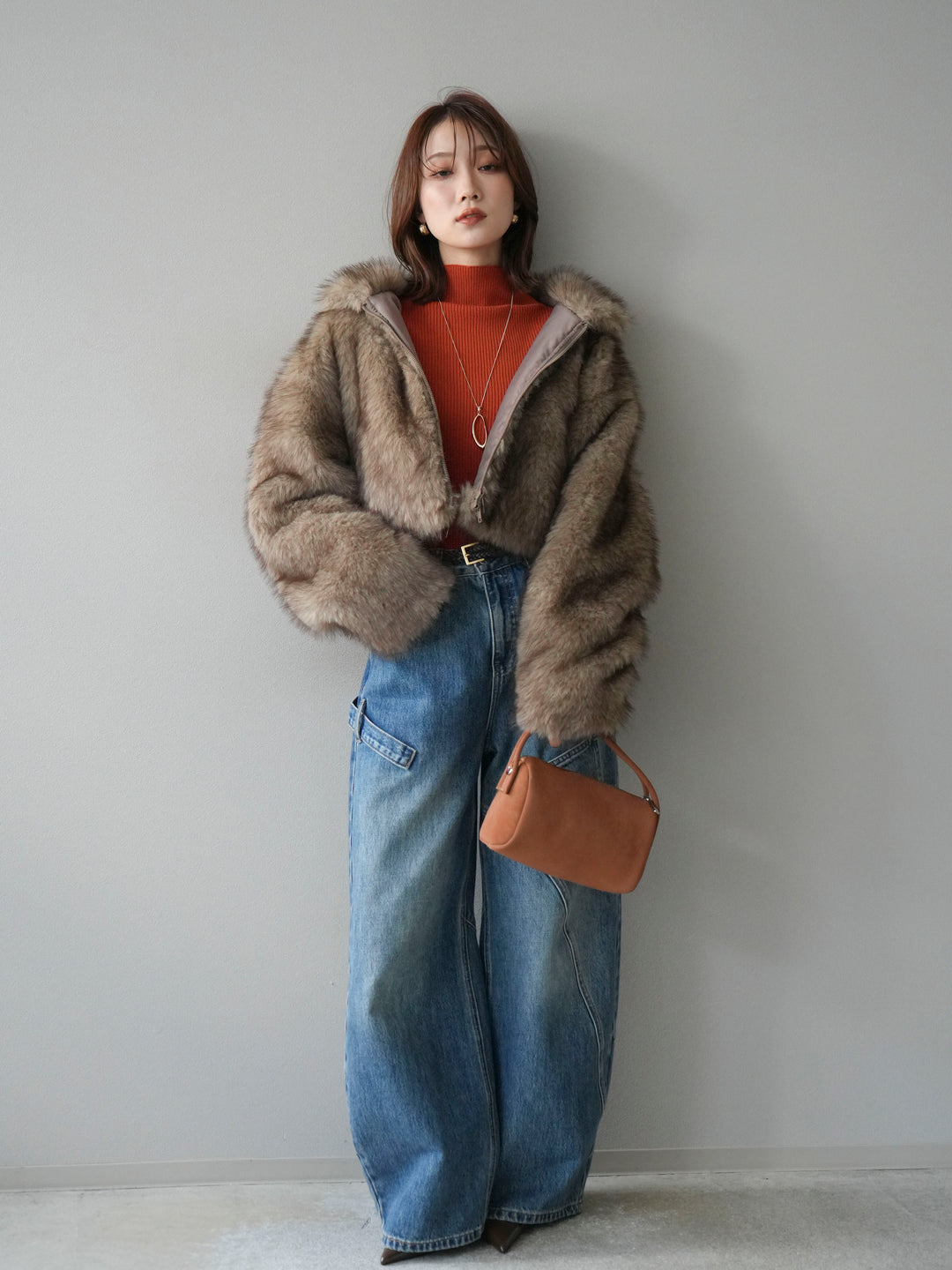 [予約]フェイクファーショートZIPジャケット/brownmix