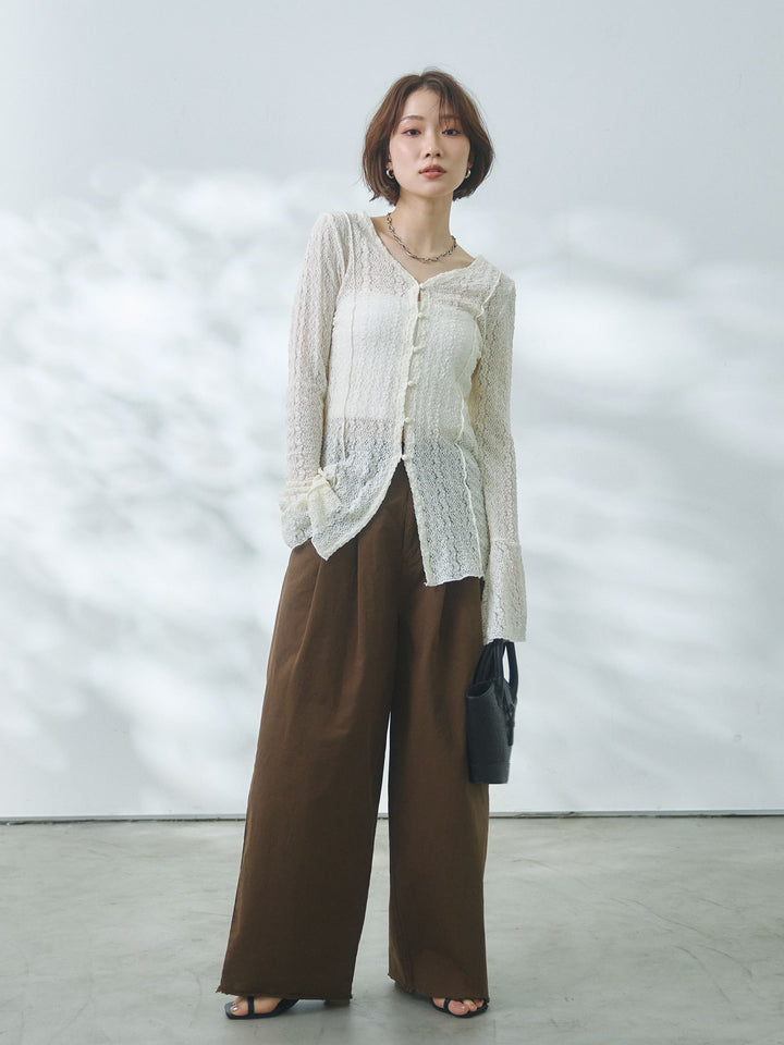 【Allure】[SET]ストレッチレースカーディガン+カットオフコットンツイルタックワイドパンツ(2set)