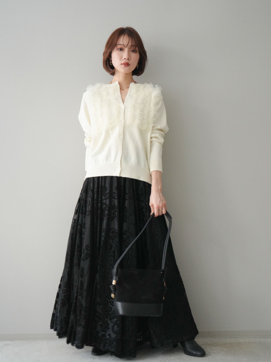 [SET]チュールフリルニットカーディガン+アンティーク柄フロッキーマキシスカート(2set)