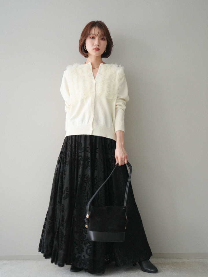 [SET]チュールフリルニットカーディガン+アンティーク柄フロッキーマキシスカート(2set)