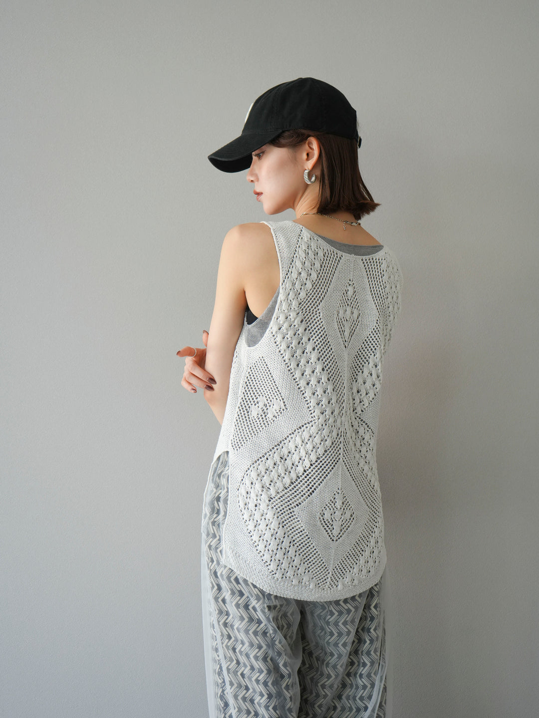[予約]透かし編みレイヤードニットトップス/ホワイト
