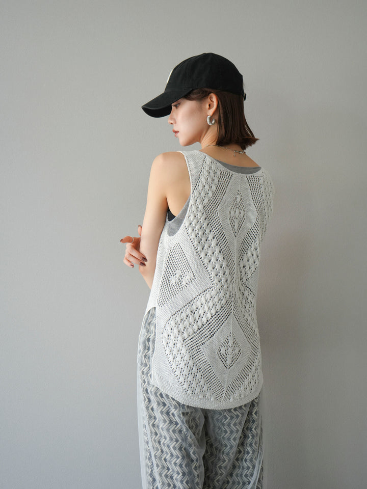 [予約]透かし編みレイヤードニットトップス/ホワイト