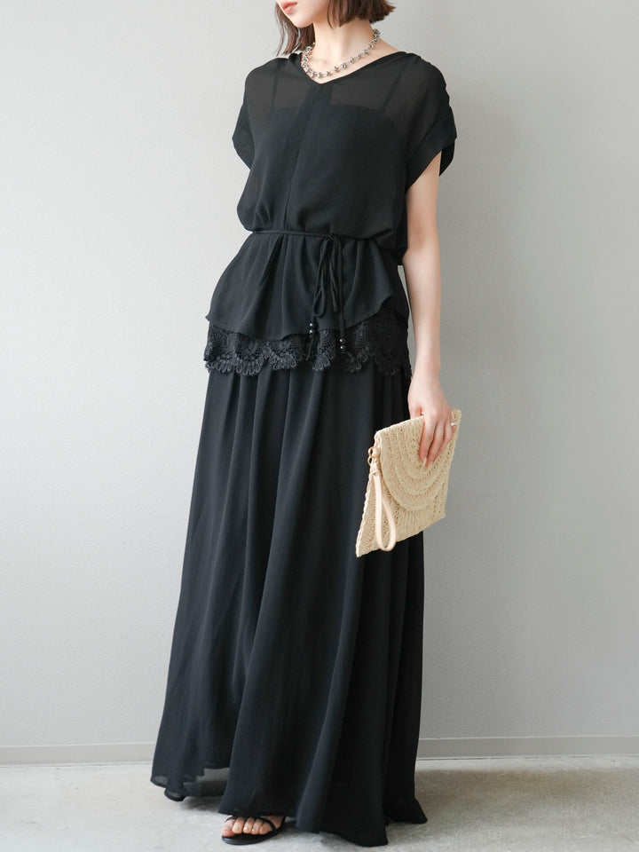 [SET]シフォンブラウス＆レースデザインフレアスカートSET UP(2set)