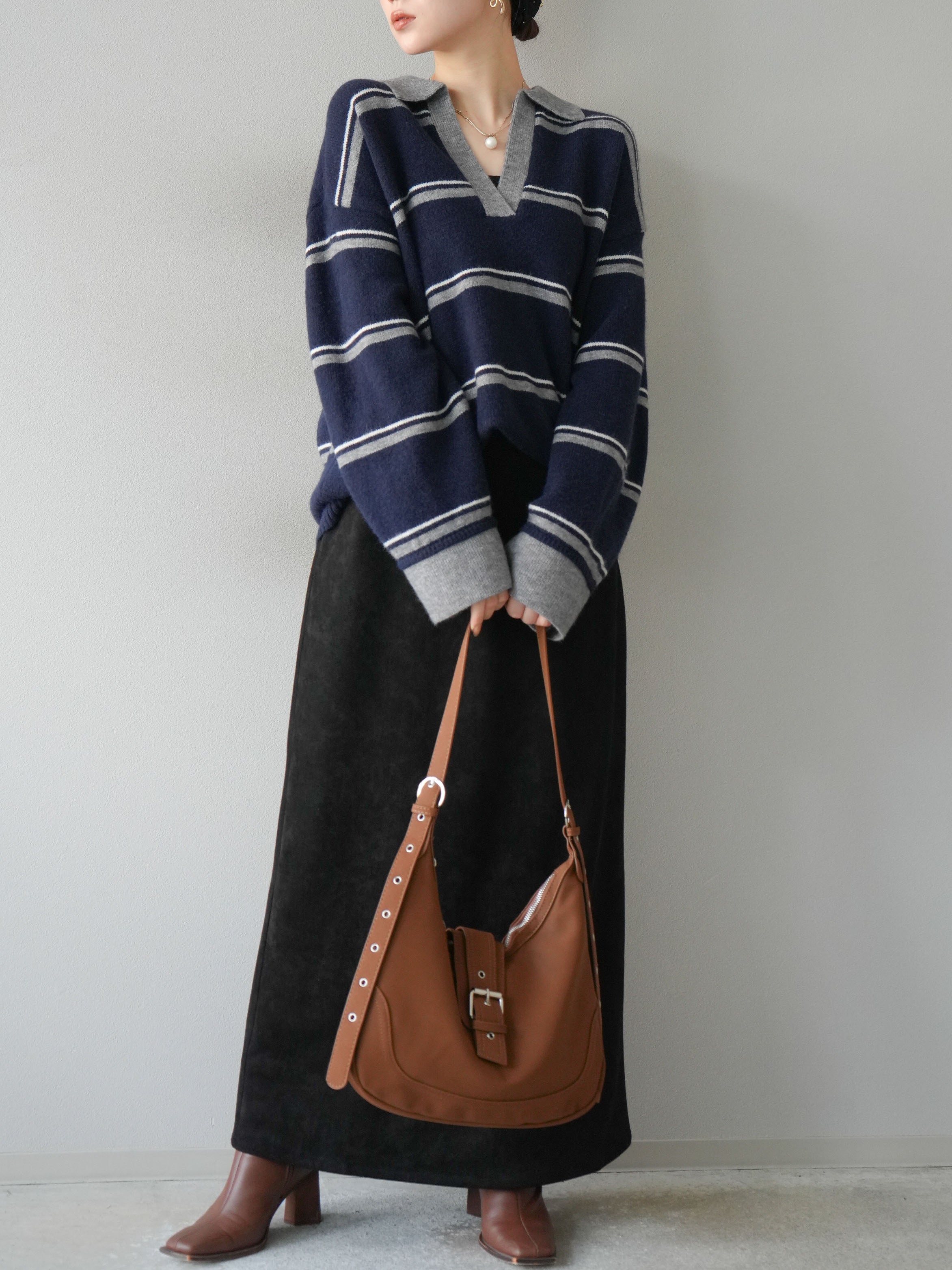 SET]ポロ襟スキッパーボーダーニットプルオーバー+スウェードI