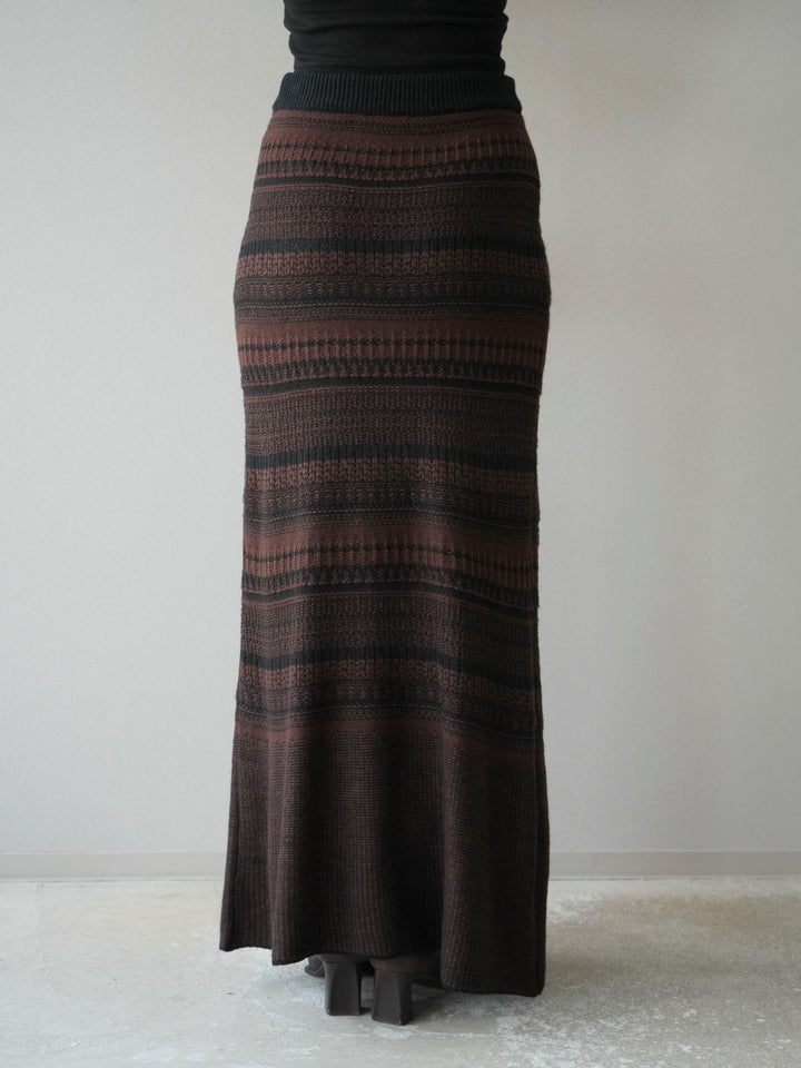[予約]ガーター編みニットロングスカート/ブラウン×ブラック