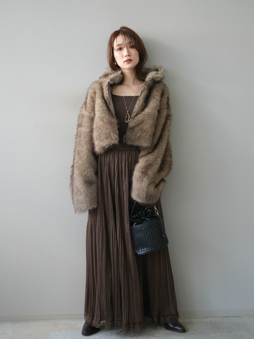 [予約]フェイクファーショートZIPジャケット/brownmix