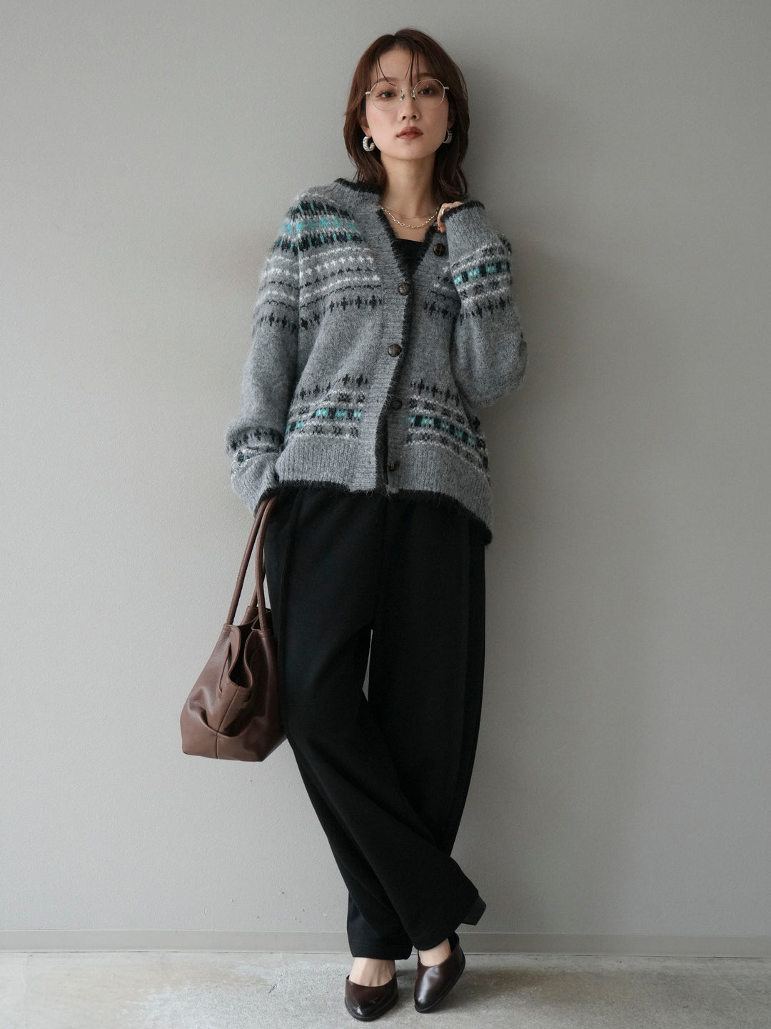 [SET]求心柄ウッドボタンニットカーディガン+2WAYデザインスウェットパンツ(2set)