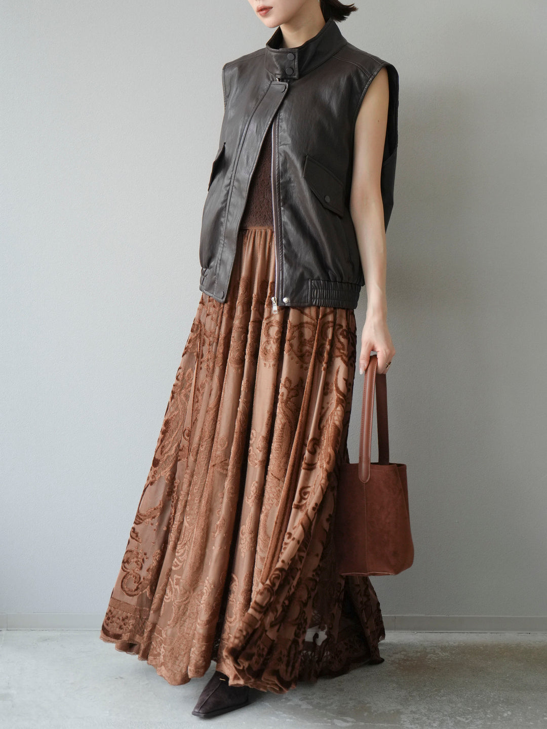 [予約]アンティーク柄フロッキーマキシスカート/ブラウン