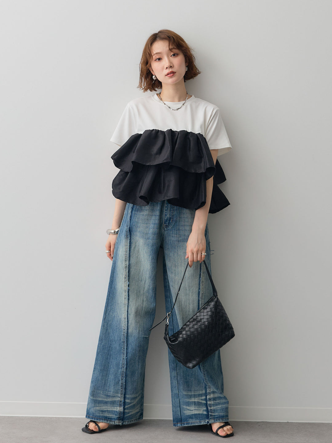 [SET]フリルティアードTEE+縦ウォッシュワイドデニムパンツ(2set)