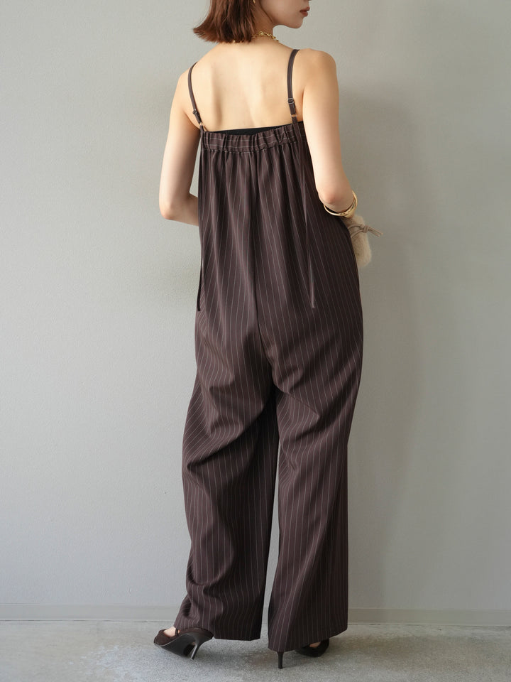[予約]サテン切替ピンストライプサロペット/ブラウン