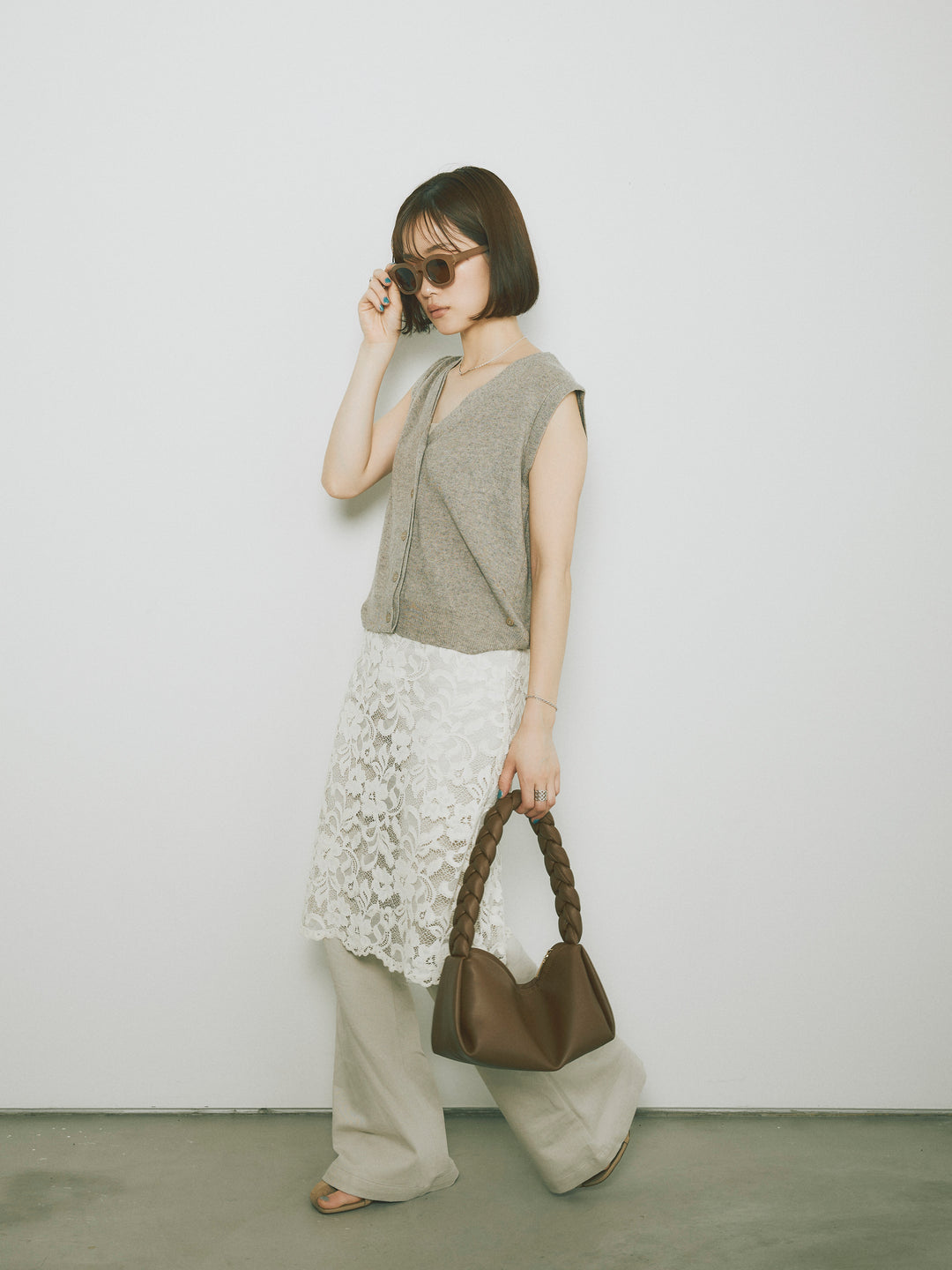 [SET]2WAYデザインニットベスト+レイヤードスカートセットフレアパンツ(2set)