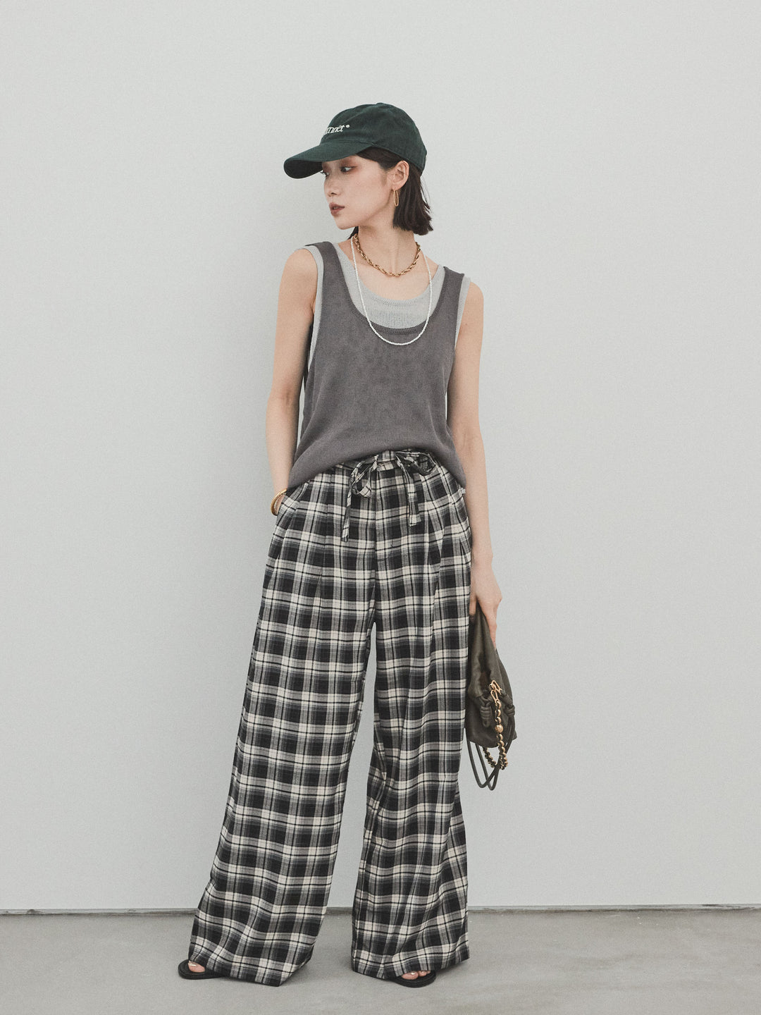 【SET】雙色疊穿針織背心+格紋寬褲（2套）