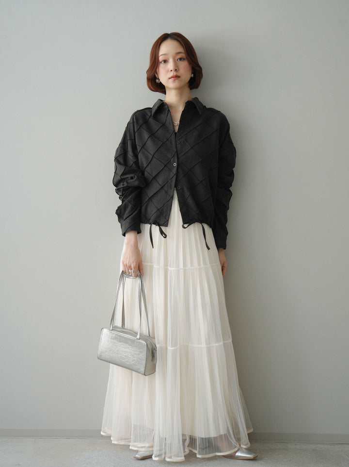 [予約]ラメプリーツレイヤードチュールロングスカート/ivory