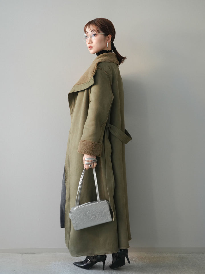 [SET]BIGカラームートンコート+袖ボタンボトルネックリブニットトップス+ベルト付ウールタッチミディアムパンツ(3set)