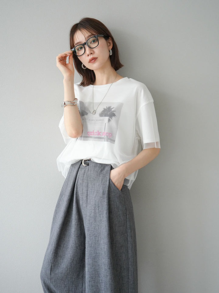 [予約]チュールドッキングフォトTシャツ/オフホワイト×ピンク