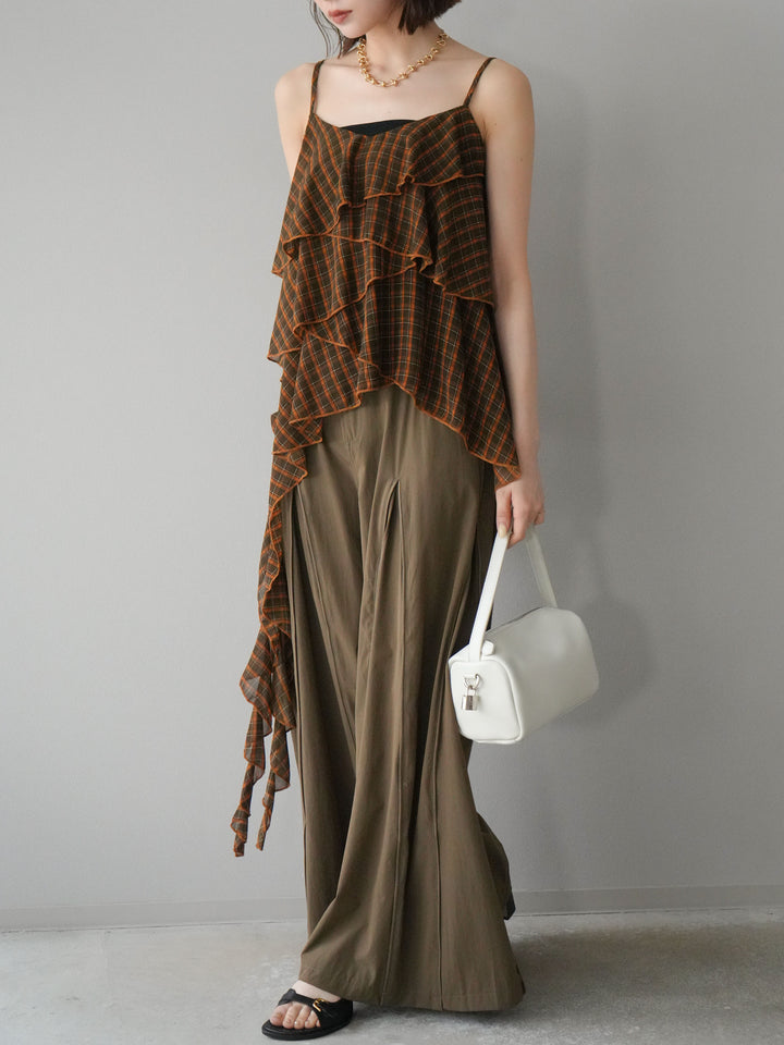 【預購】褶邊尼龍寬褲/卡其色