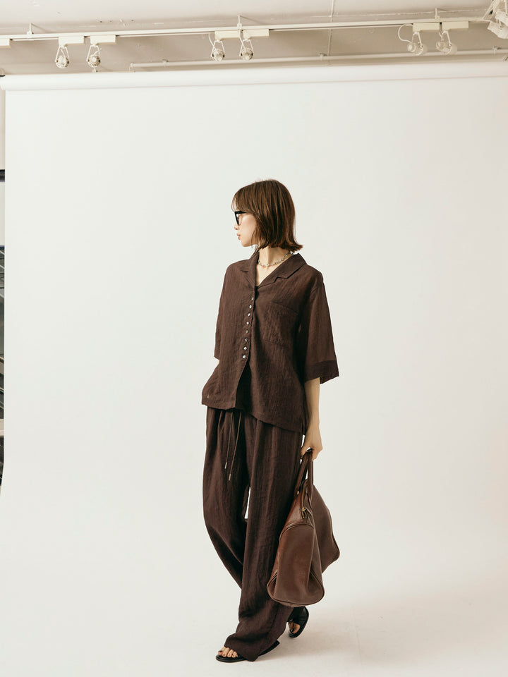 【Allure】[SET]シャイニースラブシアー開襟ハーフシャツ+シャイニースラブシアーワイドパンツ(2set)