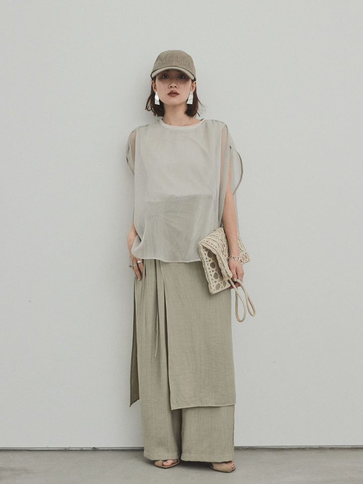 [予約]ワッシャーサテンレイヤードスカートパンツ/カーキベージュ