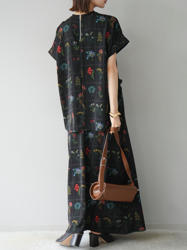 [予約]パッチワークフラワープリントフレアスカート/ブラック