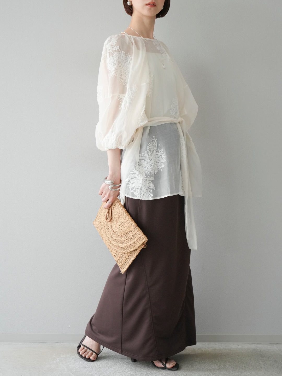 [SET]刺繍シアーバルーンスリーブブラウス+スウェットロングスカート(2set)