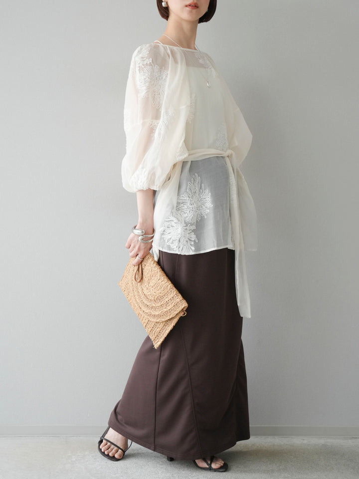 [SET]刺繍シアーバルーンスリーブブラウス+スウェットロングスカート(2set)