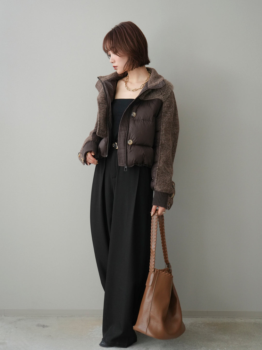 [SET]異素材ダウンジャケット+ベルトループデザインワイドパンツ(2set)