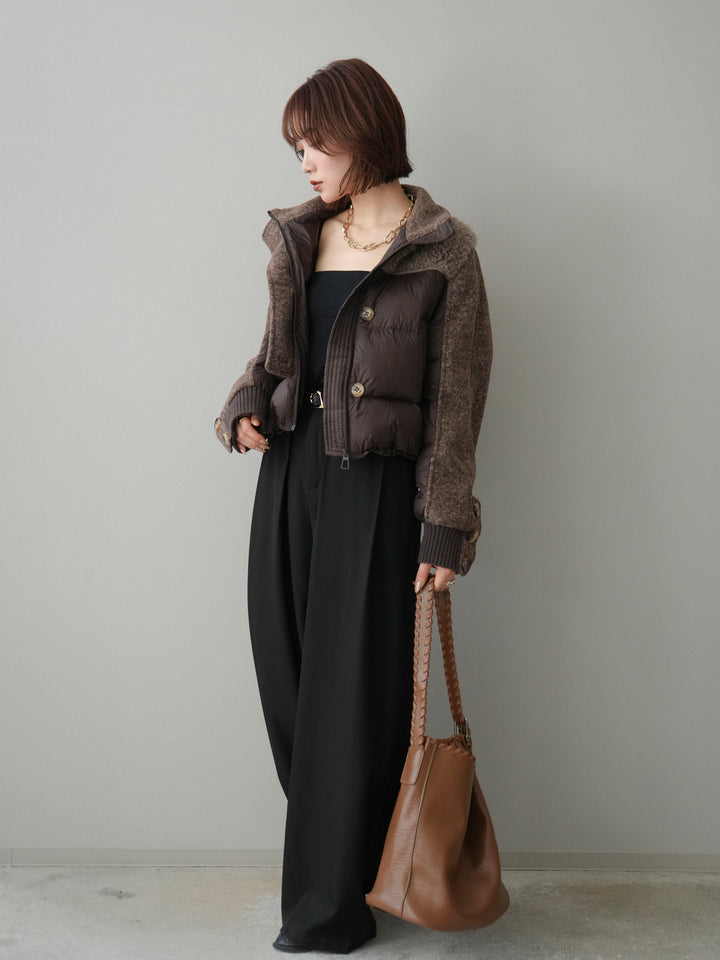 [SET]異素材ダウンジャケット+ベルトループデザインワイドパンツ(2set)