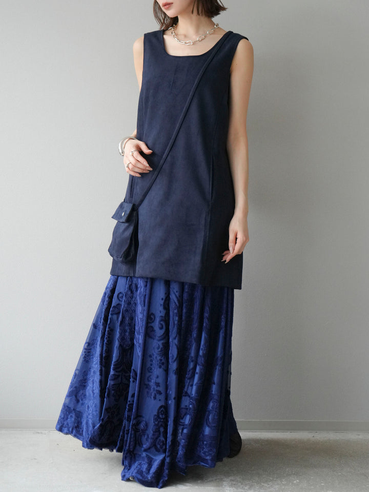 [予約]アンティーク柄フロッキーマキシスカート/ブルー