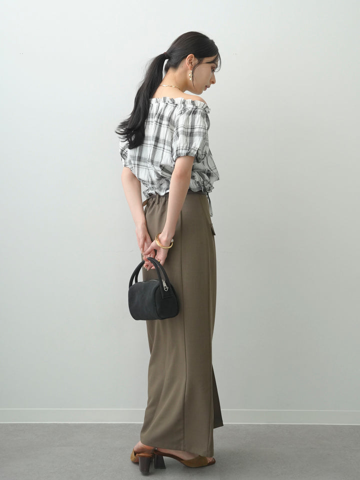 [SET]チェックギャザーオフショルトップス+クレープデシンフラップ付きストレートスカート(2set)
