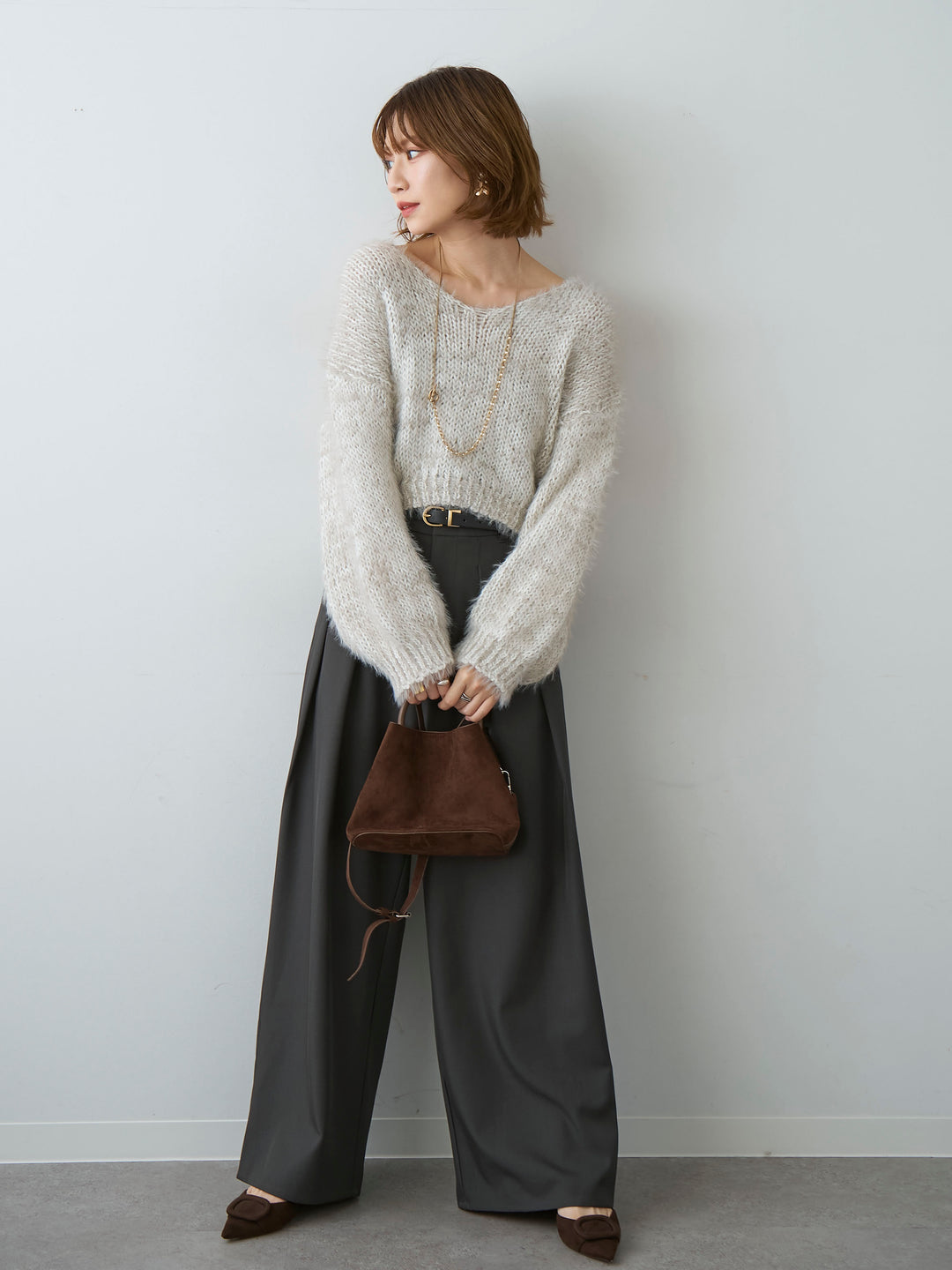 [SET]Vネックシャギークロップニットトップス+ツイルタックワイドパンツ(2set)